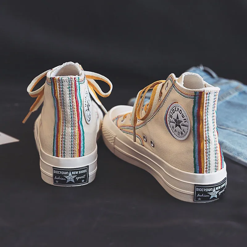 flowersverse Classical High-Top Canvas Shoes Women All-match Ins Fashion Sneakers Retro Casual Shoes Girls Gumshoe Beige Black Colors
